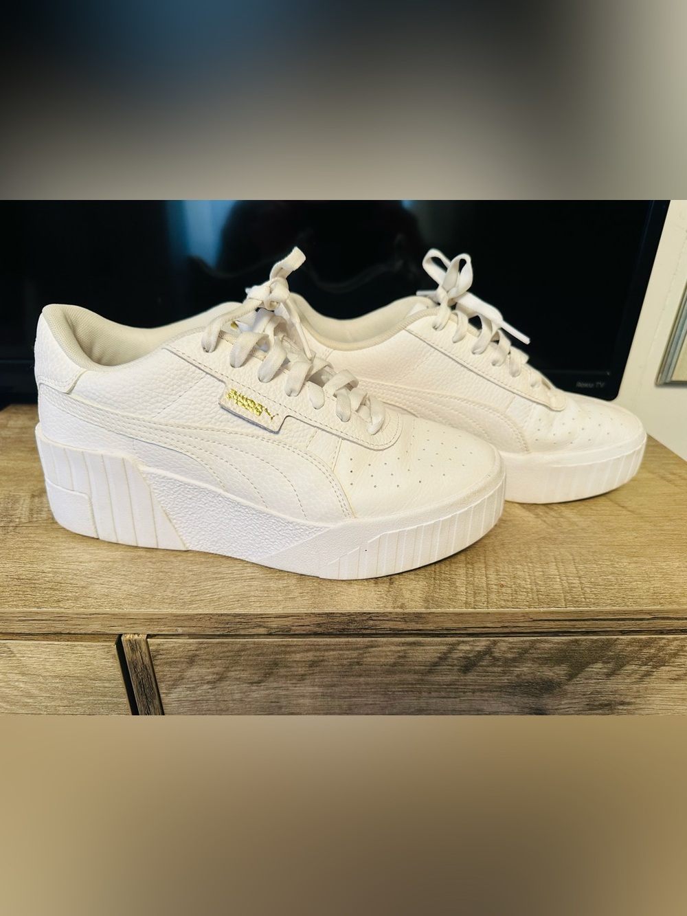 Puma Women's White Cali Platform Leather Sneakers with Gold Logo